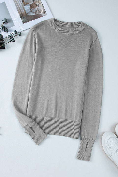 Gray Solid Color Thumbhole Sleeve Ribbed Edge Sweater