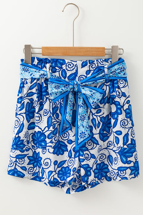 Blue Floral Print Pocketed Front Knot High Waist Casual Shorts