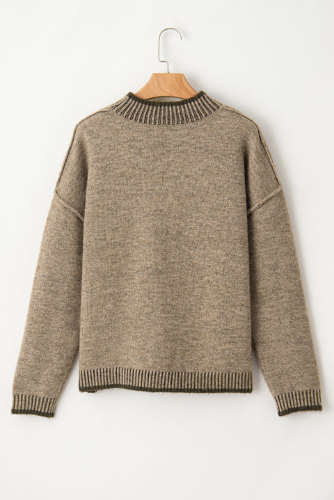 Pale Khaki Contrast Trim Mock Neck Drop Shoulder Sweater