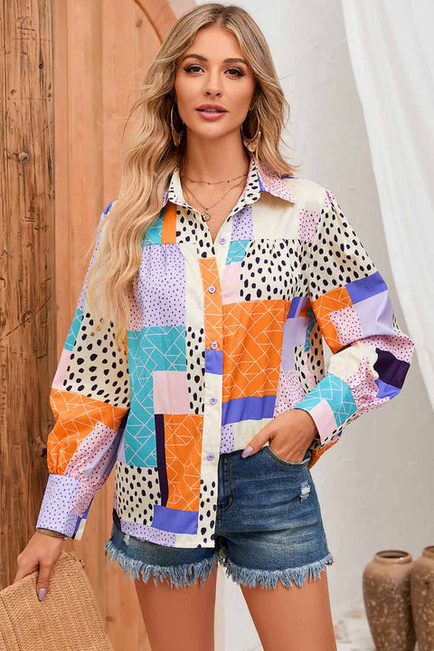 Multicolor Mixed Print Button Front Cuffed Sleeve Shirt