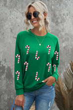 Green Sequin Christmas Candy Cane Graphic Crewneck Pullover Sweatshirt