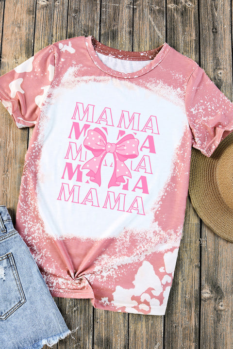 Pink MAMA Bowknot Graphic Bleached Tee