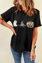 Black Halloween Sequin Pattern Patched Crewneck Tee