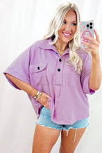 Orchid Bouquet Corded Flap Pocket Collared Buttoned Short Sleeve Blouse