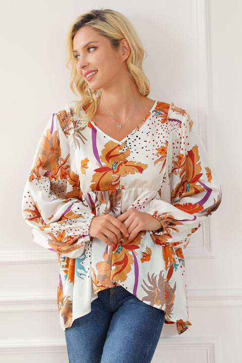 Multicolour Floral Print V Neck Babydoll Blouse