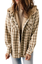 Khaki Plaid Pattern Sherpa Lined Hooded Shacket