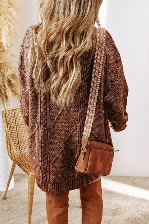 Coffee Cable Knit Drop Shoulder Loose Fit Sweater Dress