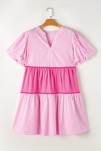 Pink Ricrac Block Accent Puff Short Sleeve Flowy Plus Dress