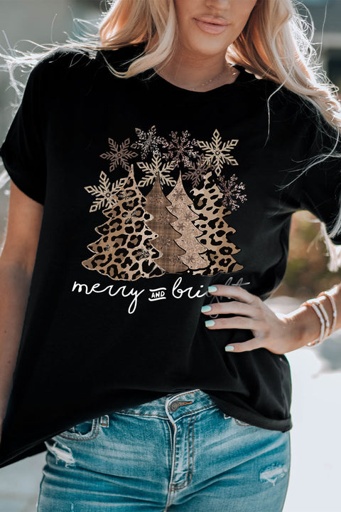 Camiseta con cuello redondo y estampado gráfico de árbol de Navidad de leopardo