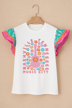 White Guitar Floral Print Flutter Sleeve T Shirt