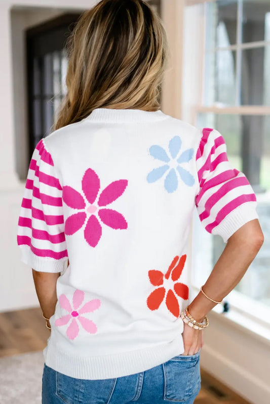 White Floral Pattern Striped Sleeve Sweater T Shirt