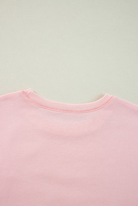 Light Pink Bow Thread Embroidery Ribbed Edge Sweatshirt