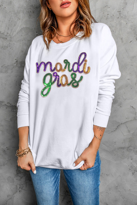 White Sequined mardi gras Graphic Crew Neck Drop Shoulder Sweatshirt