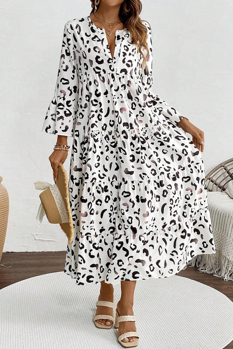 White Leopard Print Notch V Neck Loose Fit Maxi Dress