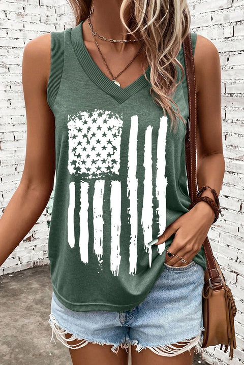 Mist Green Frayed American Flag Printed V Neck Tank Top