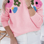 Pink Knitted Flower Pattern Ribbed Edge Sweater