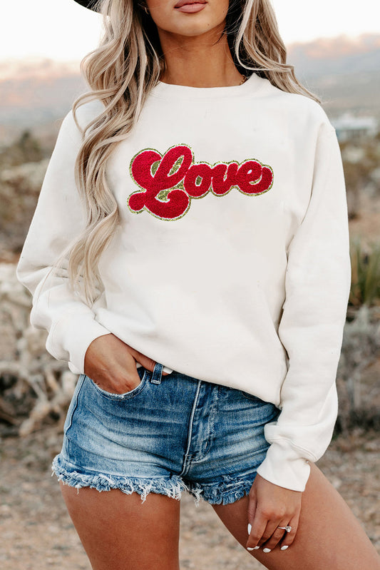 Beige Love Letter Chenille Embroidered Pullover Sweatshirt