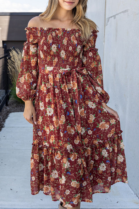 Ruby Frilled Shirred Knotted High Waist Floral Dress