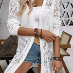 White Crochet Hollow Out Open Front Cardigan