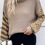 Smoke Gray Striped Plaid Patchwork Waffle Knit Turtleneck Sweater