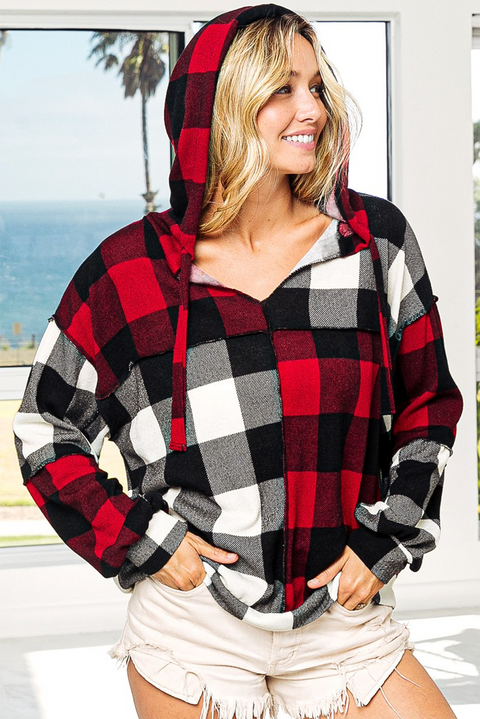 Multicolor Contrast Color Plaid Drawstring V Neck Hoodie