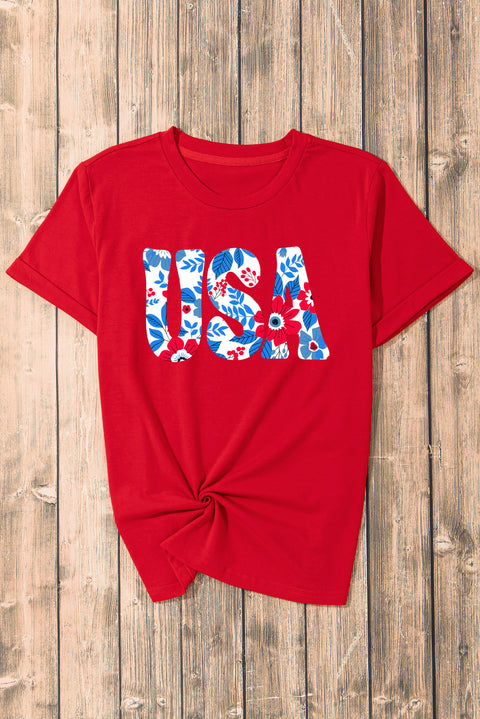 Red USA Flower Print Round Neck T Shirt