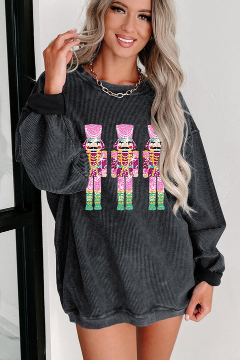 Black Christmas Neon Nutcrackers Mineral Wash Corded Sweatshirt