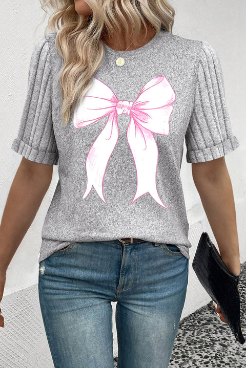 Gray Bow Knot Print Ribbed Knit Sleeve Round Neck Tee