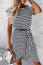 Stripe Short Sleeve Belted Wrapped Hemline T-Shirt Dress