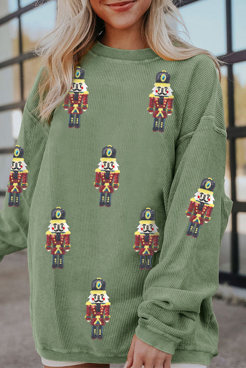 Grass Green Christmas Nutcracker Graphic Corded Pullover Sweatshirt