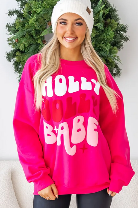 Rose Red Christmas Holly Jolly Babe Graphic Oversized Sweatshirt