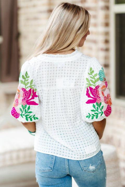 White Floral Embroidered Puff Sleeve Notched Neck Blouse