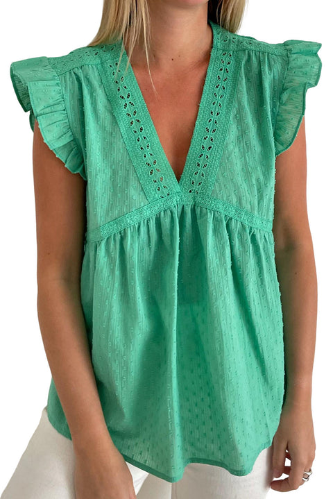 Eyelet V Neckline Ruffle Swiss Dot Top