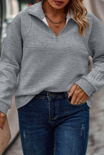 Light Grey Quarter Zipper Collared Ribbed Knit Plus Size Top