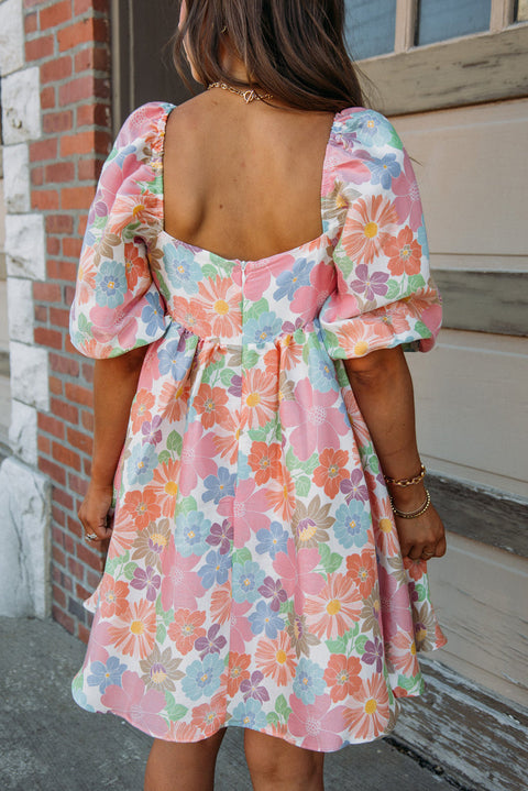 Multicolour Floral Puff Sleeve Square Neck Plus Babydoll Dress