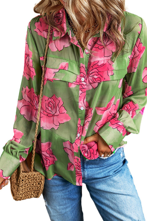 Camisa con manga abullonada y detalle plisado con estampado floral verde