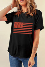 Black Glitter American Flag Round Neck Graphic T Shirt