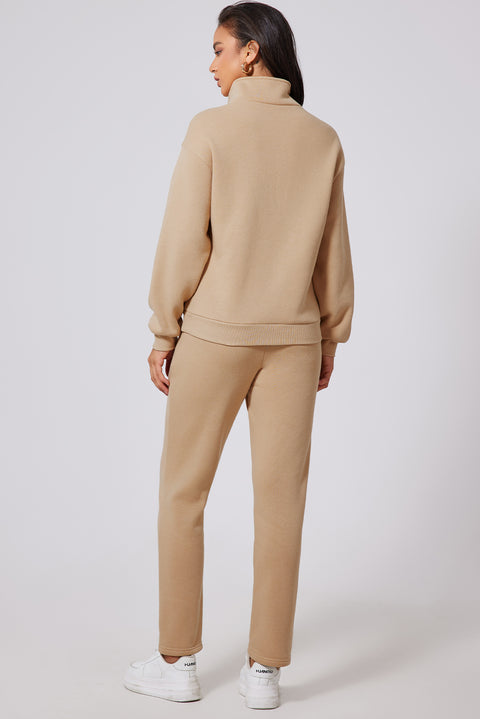 Parchment Solid Half Button Sweatshirt and High Waist Sweatpants Set