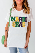 White Chenille MARDI GRAS Patched Graphic T Shirt