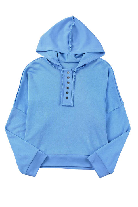 Casual Button Solid Patchwork Trim Hoodie