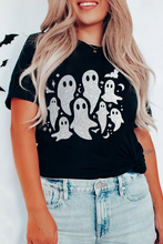 Black Halloween Glitter Ghost Pattern Crew Neck T Shirt