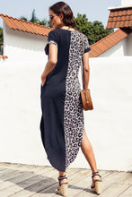 Contrast Solid Leopard Short Sleeve T-shirt Dress with Slits