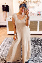 Light French Beige Cap Sleeve Round Neck Curvy Wide Leg Jumpsuit