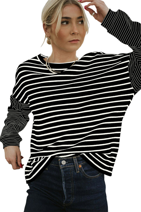 Black Stripe Patchwork Loose Long Sleeve Tee