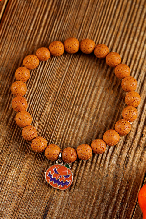 Orange Halloween Pumpkin Face Pendant Beaded Elastic Bracelet