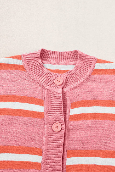 Pink Stripe Drop Shoulder Buttons Cardigan Sweater