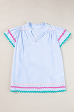 Sky Blue Stripe Ricrac Trim Split Neck Striped Ruffled Sleeve Blouse