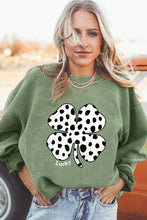 Grass Green Western Cow Clover Print Crewneck Corded Sweatshirt