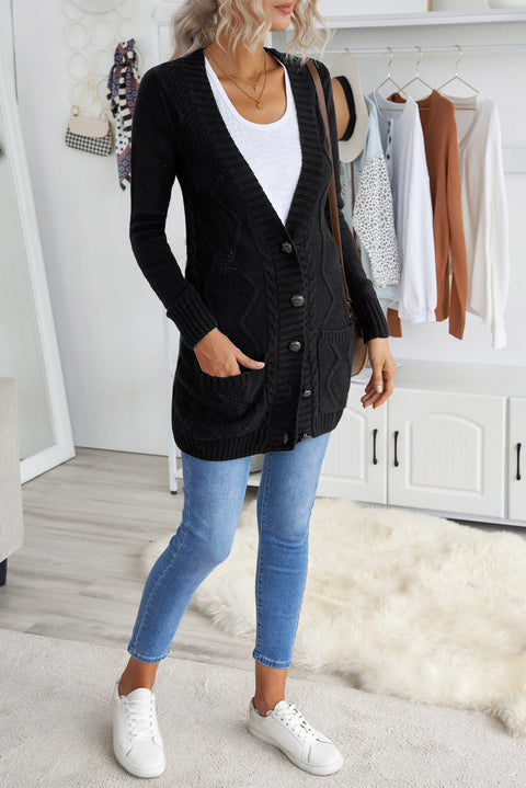 Black Front Pocket and Buttons Closure Cardigan