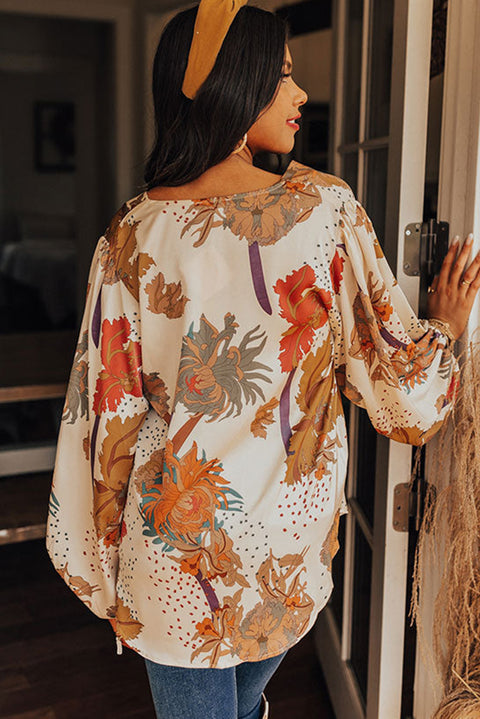 V Neck Loose Sleeve Floral Blouse